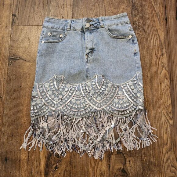 Denim Skirt With Sequin Fringe Size XS/S - Picture 6 of 7